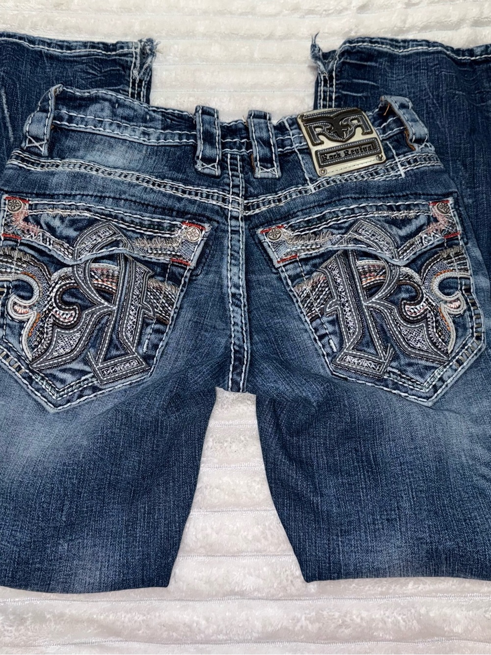 Rock Revival Men’s Distressed Blue Embroidered Pocket Bootcut Jeans Size 27